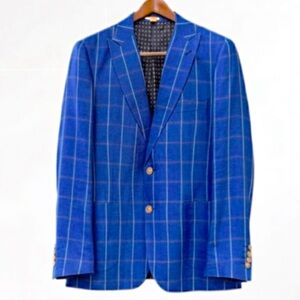 Peter Jackson 100% Linen Blue Plaid Blazer Sport Coat Size 44 Reg. Delavé